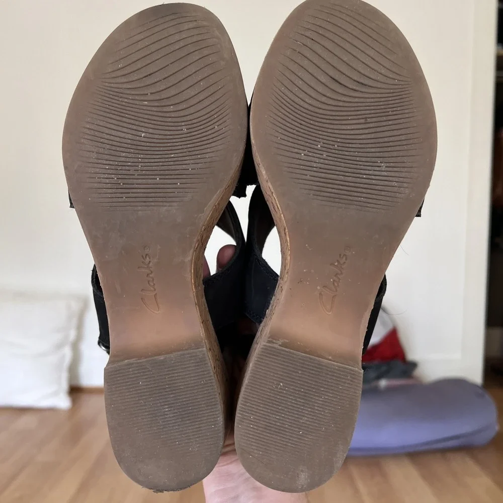 Clarks Rose Wedge Sandal Womens Size 9 Black Ultimate Comfort Nubuck Leather 40